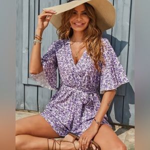 Allover Floral Print Butterfly Sleeve Belted Romper